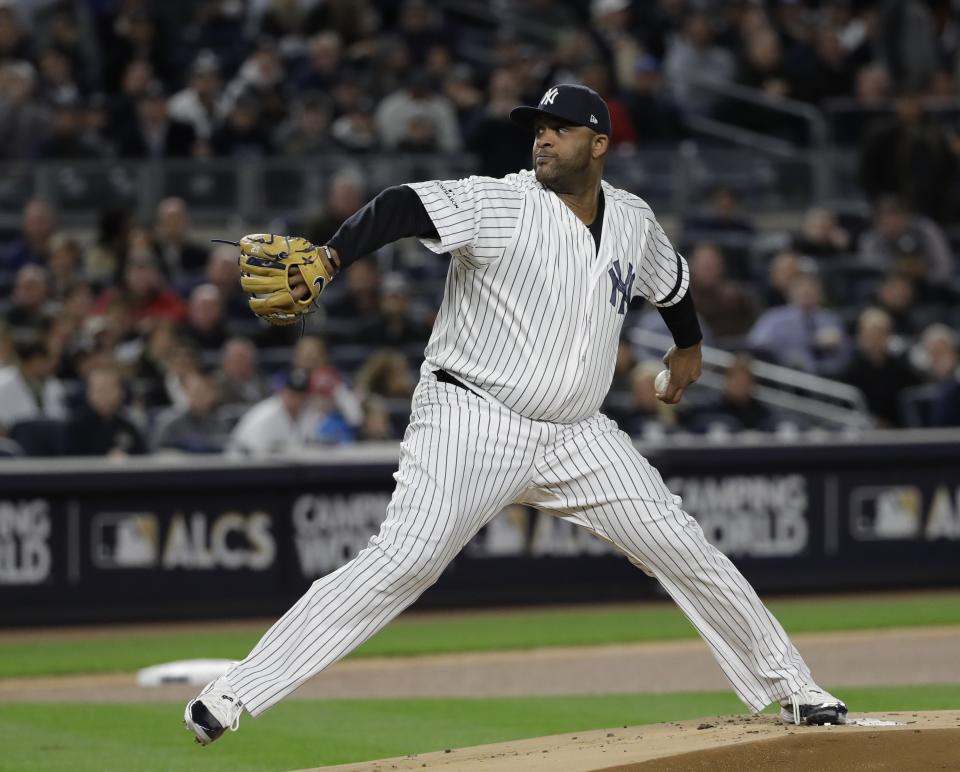 New York Yankees starting pitcher CC Sabathia throws during the first inning of Game 3 of baseball’s American League Championship Series against the Houston Astros Monday, Oct. 16, 2017, in New York. (AP)