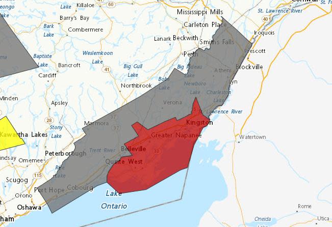 This map from Environment Canada shows snow squall warnings in red and advisories in grey for a swath of eastern Ontario on Feb. 17, 2024.