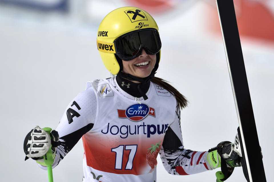 Anna Fenninger of Austria reacts during the women's downhill training session at the alpine skiing World Cup finals, in Lenzerheide, Switzerland, Tuesday, March 11, 2014. (AP Photo/Keystone, Peter Schneider)