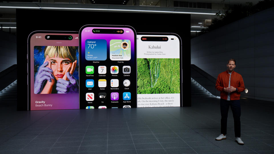 Three example displays on the new iPhone 14 Pro at the Apple Event 2022