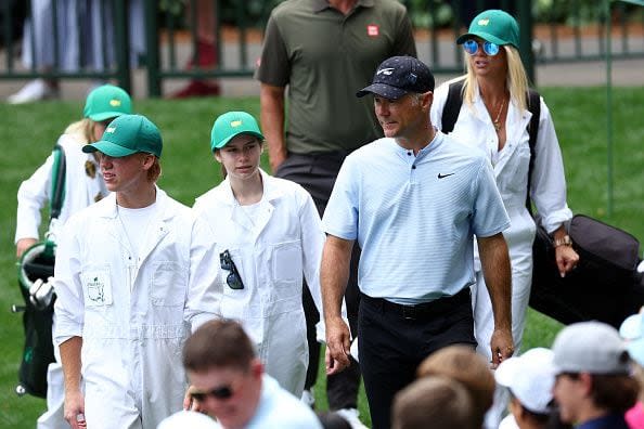 AUGUSTA, GEORGIA - APRIL 10: Trevor Immelman of South Africa and his family walk the ninth hole during the Par Three Contest prior to the 2024 Masters Tournament at Augusta National Golf Club on April 10, 2024 in Augusta, Georgia. (Photo by Maddie Meyer/Getty Images)