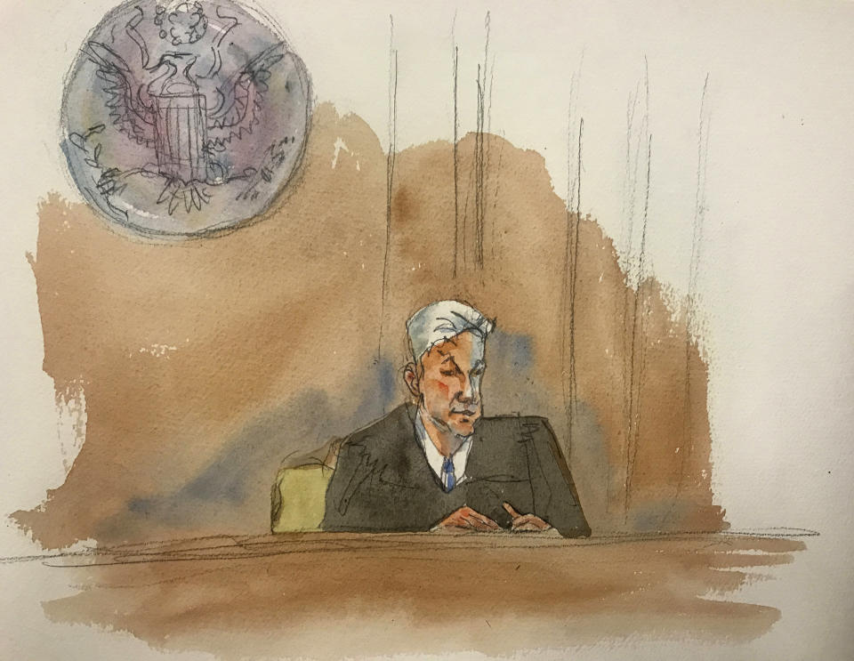 In this courtroom sketch, Judge Richard M. Berman speaking as he denies Jeffrey Epstein bail during a hearing in federal court, Thursday, July 18, 2019 in New York. Judge Berman denied bail for the jailed financier on sex trafficking charges, saying the danger to the community that would result if the jet-setting defendant was free formed the "heart of this decision." (Aggie Kenny via AP)