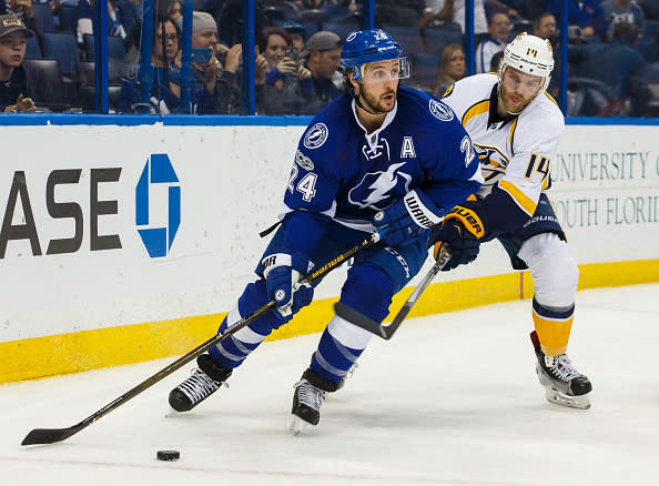 TAMPA, FL - JANUARY 5: Ryan Callahan #24 of the Tampa Bay Lightning skates against Mattias Ekholm #14 of the Nashville Predators during the third period at Amalie Arena on January 5, 2017 in Tampa, Florida. (Photo by Scott Audette/NHLI via Getty Images)