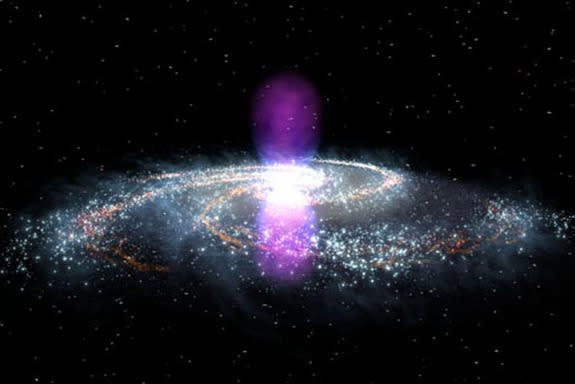 Data from the Fermi Telescope shows bubbles (in red and yellow) against other sources of gamma rays. The plane of the galaxy (mostly black and white) stretches horizontally across the middle of the image, and the bubbles extend up and down from