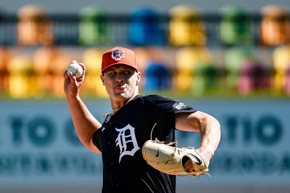 Detroit Tigers pitcher Matt Manning throws during spring training at Joker Marchant Stadium in Lakeland, Florida, on Thursday, Feb. 22, 2024.