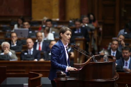 Serbia's Prime Minister designate Ana Brnabic speaks during a parliament session in Belgrade, Serbia June 28, 2017. REUTERS/Marko Djurica