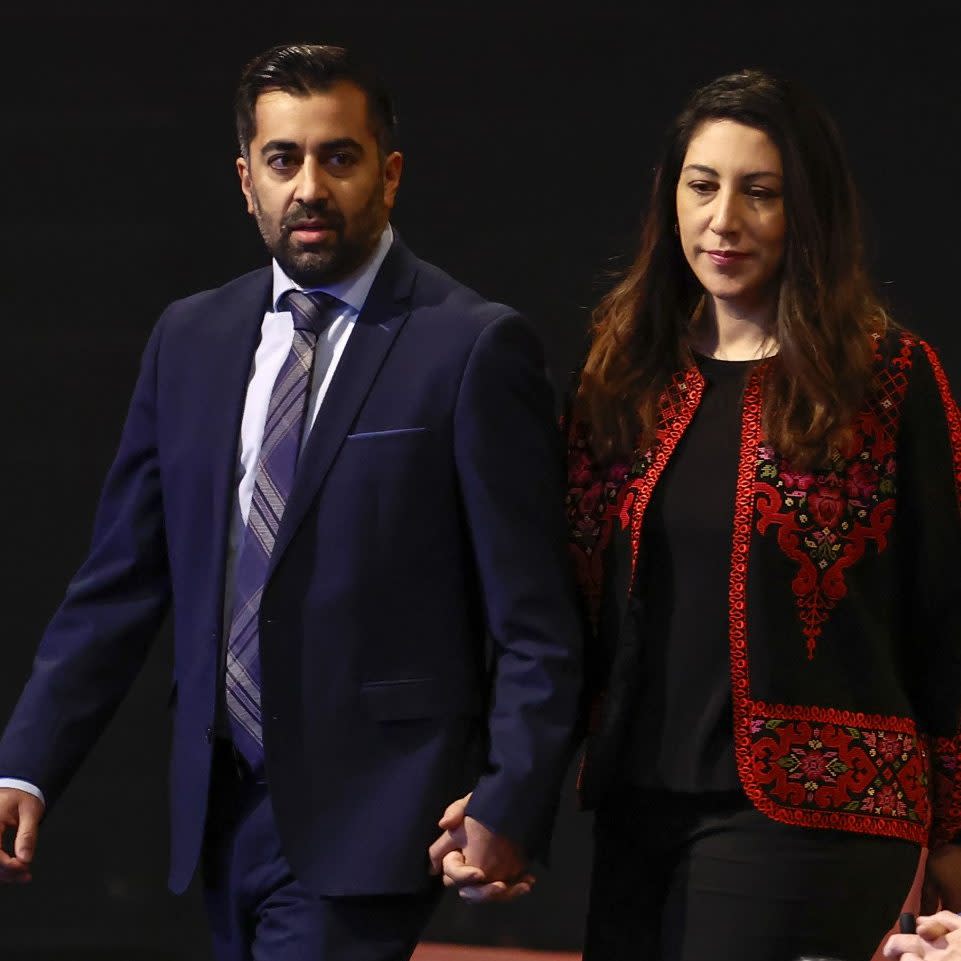 Humza Yousaf and his wife Nadia El-Nakla at conference for an emergency motion calling for a ceasefire and humanitarian aid to be made available to civilians in Gaza