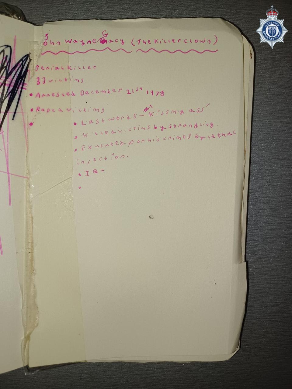 Jenkinson wrote about serial killer John Wayne Gacy in her notebook (PA)