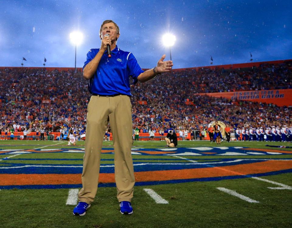 Steve Spurrier speaks during a field naming ceremony at Ben Hill Griffin Stadium on September 3, 2016 in Gainesville, Florida. (Photo by Rob Foldy/Getty Images)