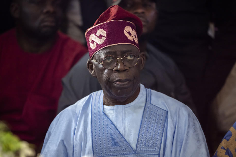 FILE- Bola Tinubu, of the All Progressives Congress, meets with supporters at the Party's campaign headquarters after winning the presidential elections in Abuja, Nigeria, Wednesday, March 1, 2023. The growing security crisis presents a huge challenge for Nigeria's incoming President, Bola Tinubu, who rose to power on promises of improving the living conditions of communities whose lives have been impacted by the violence and addressing the root causes of the crisis by providing jobs and ensuring justice. But if the violence isn't reigned in, analysts say it could destabilise the country and drive more of its 216 million people further into poverty. (AP Photo/Ben Curtis, File)