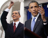 <p>Erschreckend unrealistisch: Barack Obamas Doppelgänger winkt zwar ganz staatsmännisch. Mehr hat er mit dem Original aber nicht gemein. (Bilder: Rex Features/Getty Images)</p>