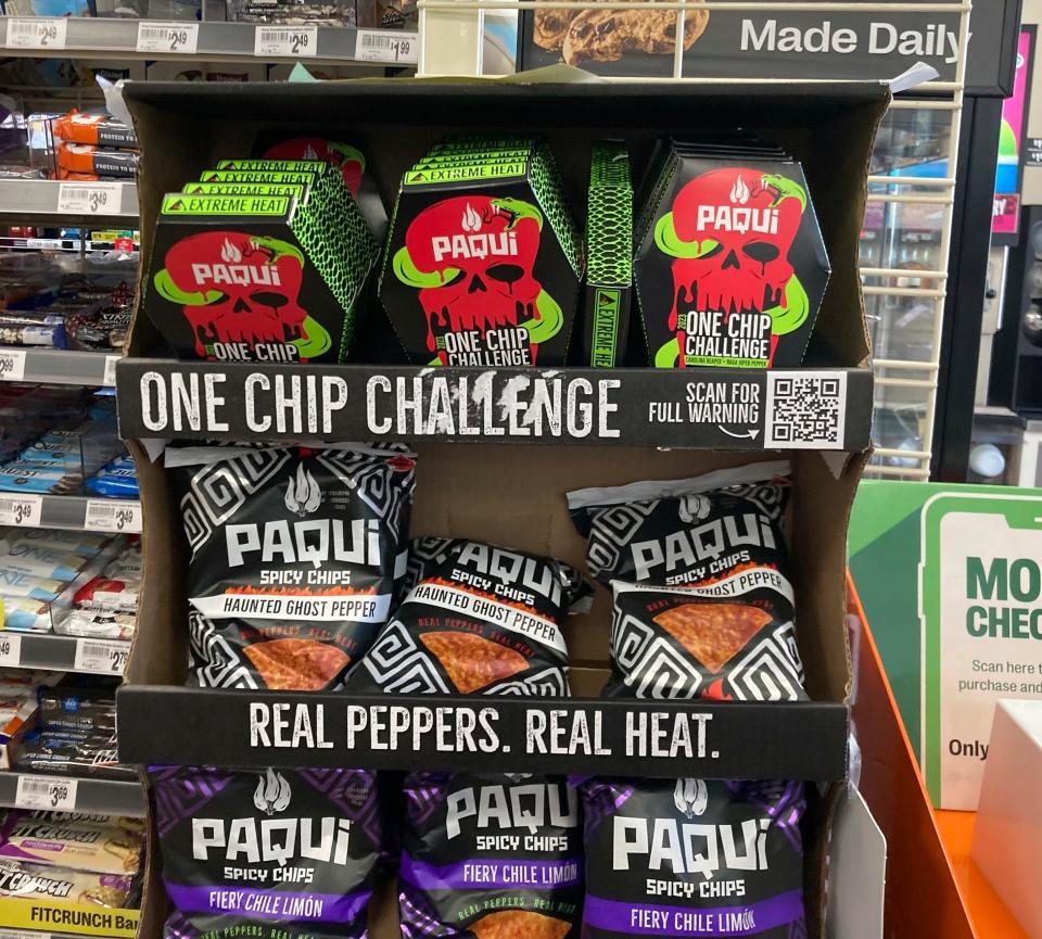 Paqui One Chip Challenge chips are displayed at a 7-Eleven store in Boston, Thursday, Sept. 7, 2023. The death of a Massachusetts teenager after his family said he ate an extremely spicy tortilla chip has led to an outpouring of concern about the social media challenge and prompted retailers to pull the product from their shelves at the manufacturer's request. The chips were removed from display on Friday.