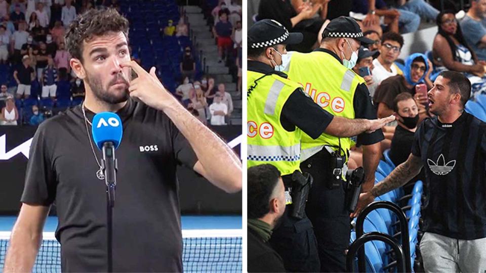 Matteo Berrettini (pictured left) waiting after being interrupted in an interview at the Australian Open and (pictured right) police speaking with a tennis fan.