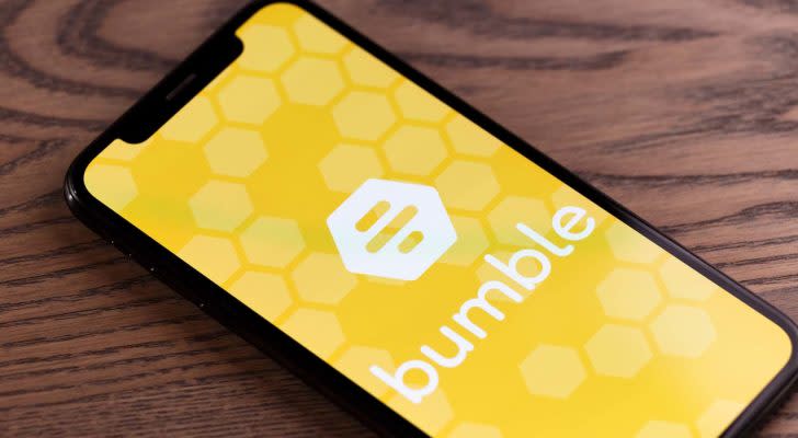 The logo for Bumble (BMBL) is displayed on a smartphone screen.