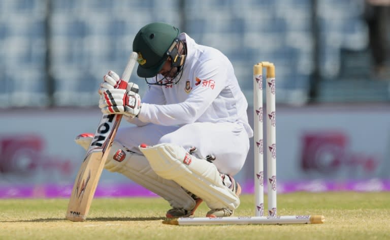 Bangladesh's not-out batsman Sabbir Rahman reacts after England took the final wicket to win the first Test match in Chittagong on October 24, 2016