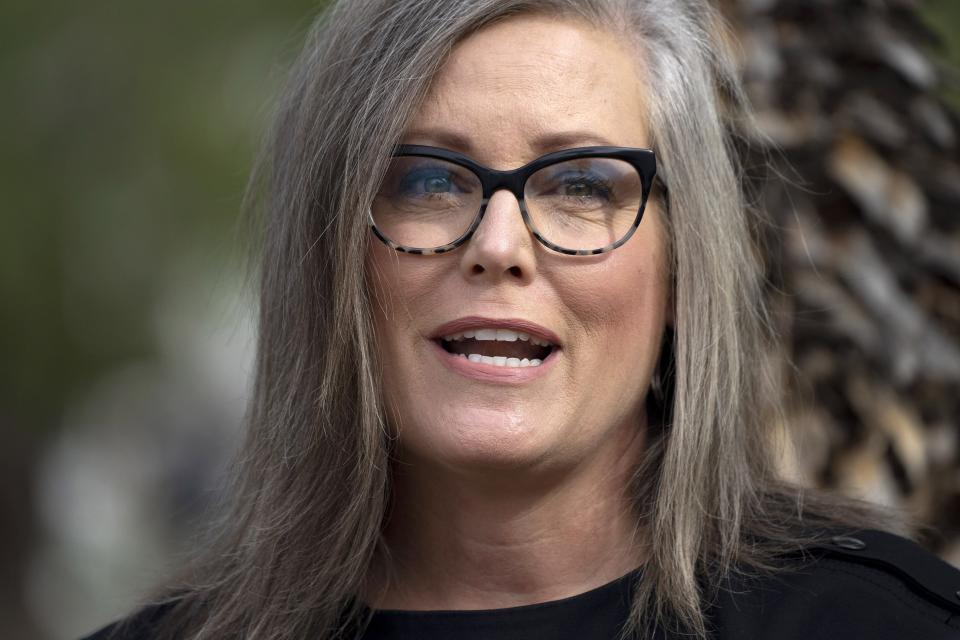 Democratic candidate for governor Katie Hobbs holds a press conference before dropping off her ballot at Scottsdale City Hall early in the morning on  July 21, 2022.