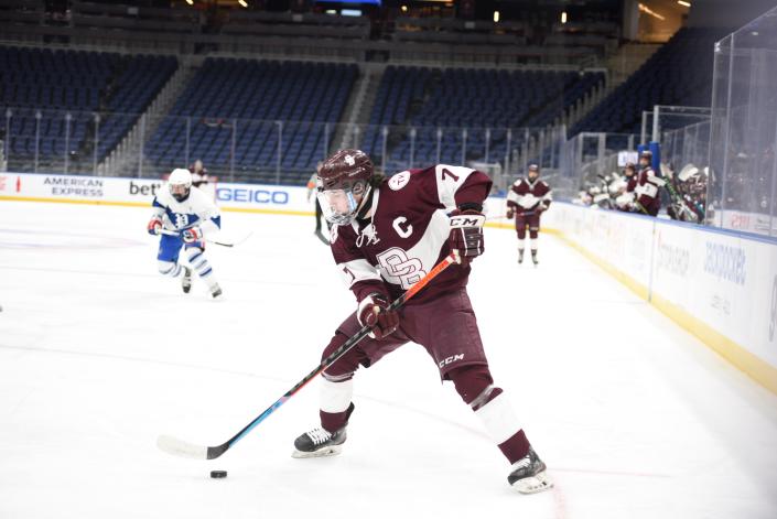 Don Bosco Prep ice hockey against Portledge School at UBS Arena in Elmont, NY on Tuesday February 8, 2022. DB #7 Nick Milmore in the second period. 