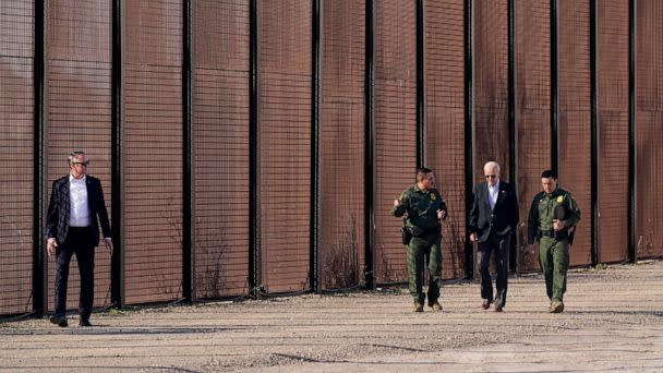 PHOTO: President Joe Biden walks with U.S. Border Patrol agents along a stretch of the U.S.-Mexico border in El Paso Texas, Jan. 8, 2023. (Andrew Harnik/AP)