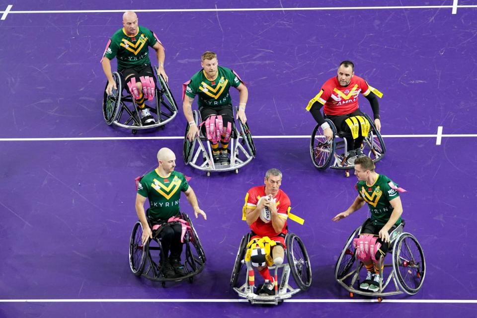 9 November 2022: Australia and Spain play during the Wheelchair Rugby League World Cup group A match at the Copper Box Arena, London (PA)