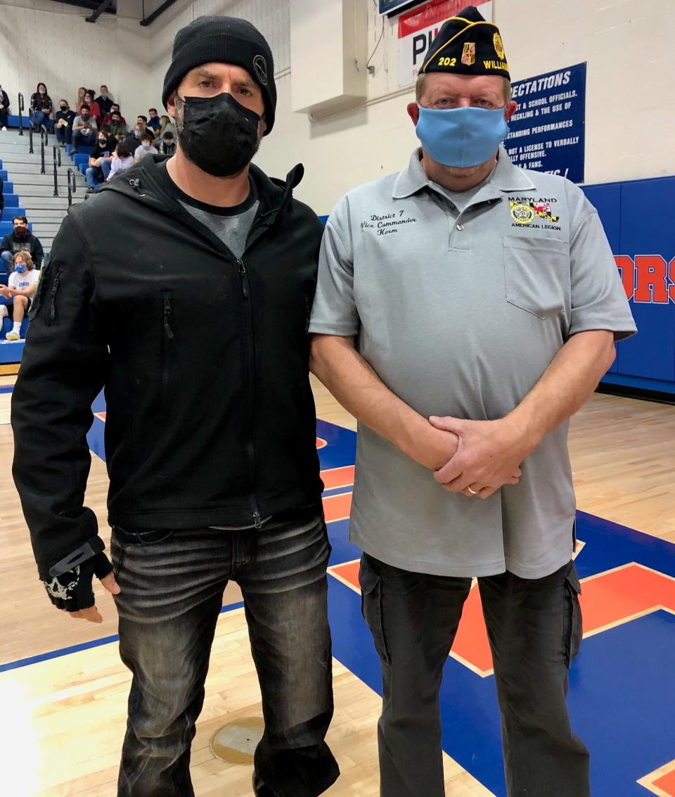 Motivational speaker Earl Granville, left, and Kermit Beard, 1st Vice Commander of Western Maryland Region District 7 of the American Legion, appear at Boonsboro High School when Granville spoke to students.