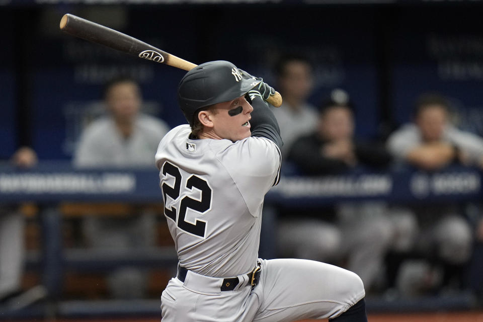 New York Yankees' Harrison Bader singles off Tampa Bay Rays relief pitcher Jalen Beeks during the seventh inning of a baseball game Saturday, May 6, 2023, in St. Petersburg, Fla. (AP Photo/Chris O'Meara)