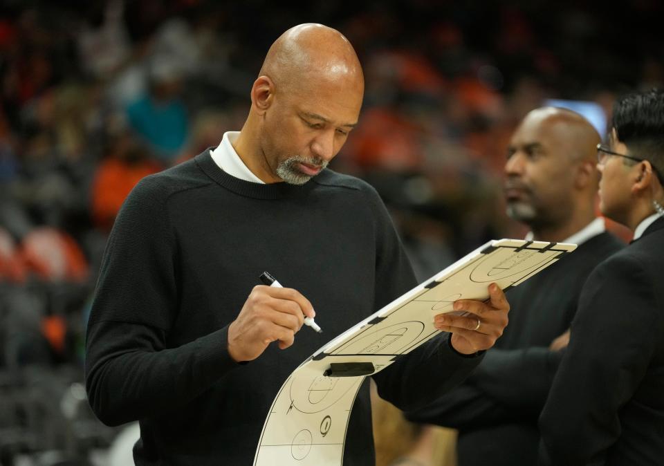 Phoenix Suns head coach Monty Williams draws up a play during Game 6 of the Western Conference semifinals against the Denver Nuggets at Footprint Center in Phoenix on May 11, 2023.