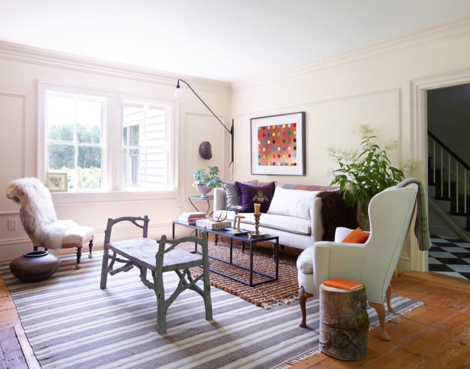 Dale Saylor and Joe Williamson chose Joa’s White by Farrow & Ball for the living room of their <a rel="nofollow noopener" href="https://www.architecturaldigest.com/gallery/dale-saylor-go-inside-the-renovation-of-a-historic-1827-home-in-new-yorks-hudson-valley/all?mbid=synd_yahoo_rss" target="_blank" data-ylk="slk:Hudson Valley, New York, home;elm:context_link;itc:0;sec:content-canvas" class="link ">Hudson Valley, New York, home</a>.