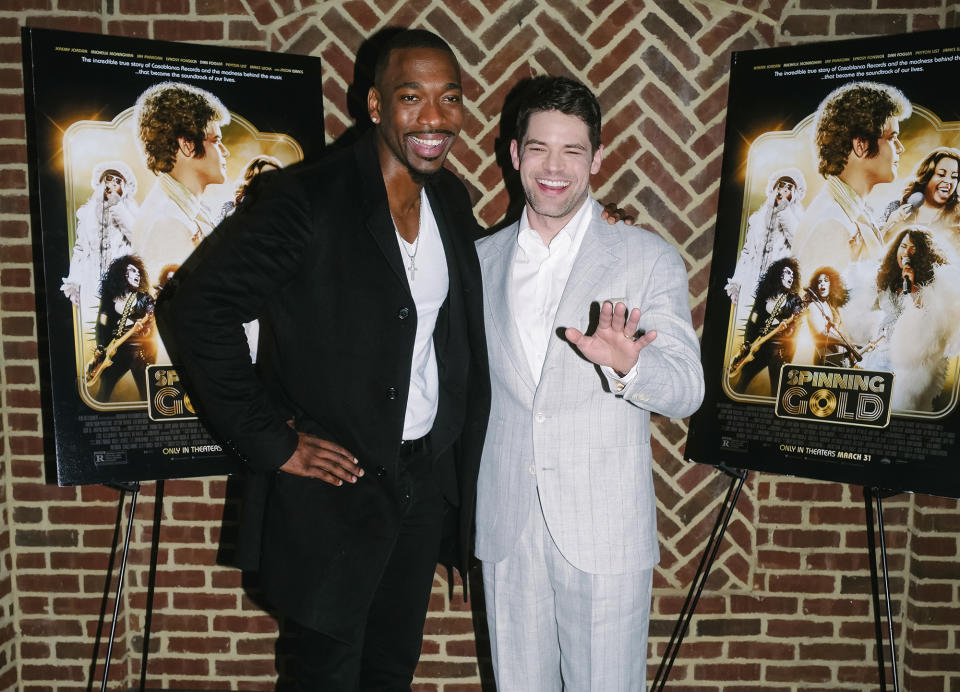 <p>Jay Pharaoh and Jeremy Jordan share a smile at a special New York screening of their film <em>Spinning Gold</em> on March 27.</p>