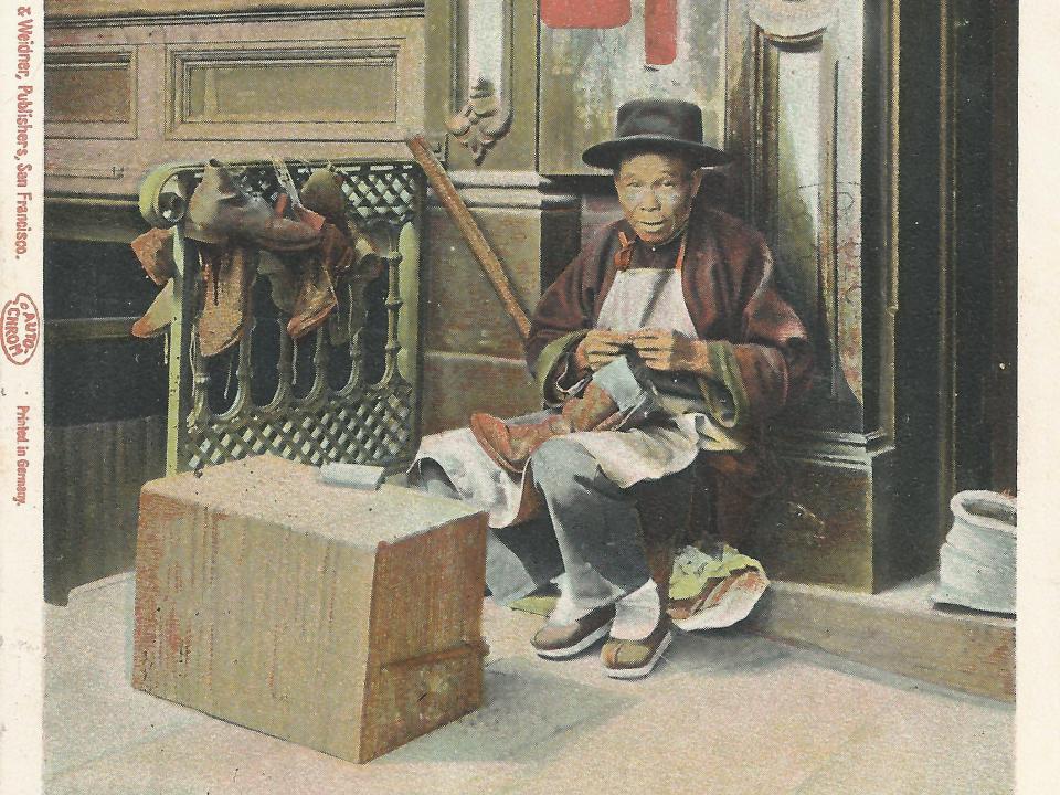 A postcard of a cobbler in Chinatown, SF