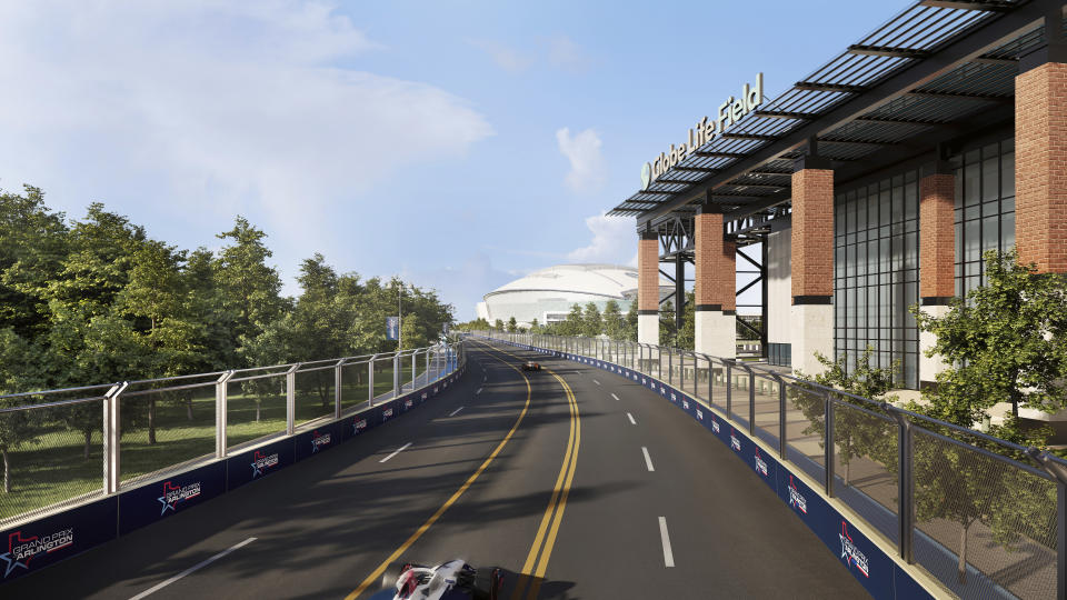 Los renders que presentó la IndyCar de cómo será la carrera junto al Globe Life Field y el Estadio AT&T en Arlington, Texas. (IndyCar via AP)