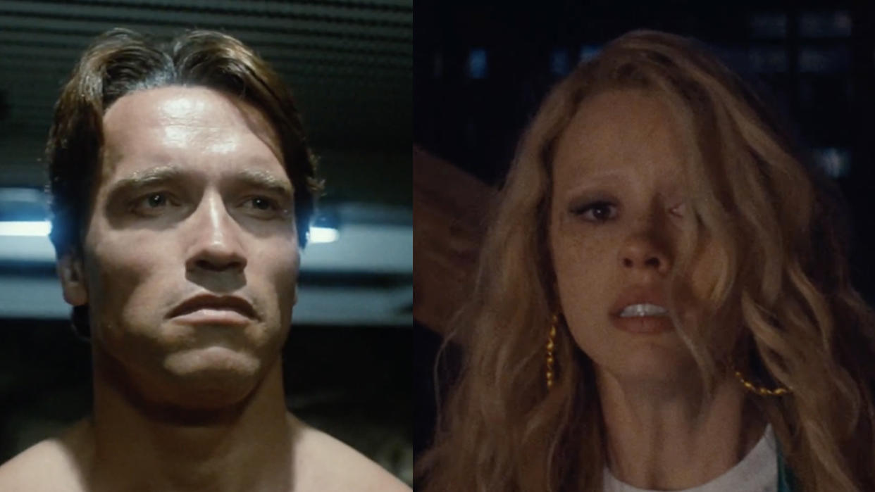  Arnold's first time out as the killer robot from the future in The Terminator, Mia Goth looking horrified in MaXXXine. 