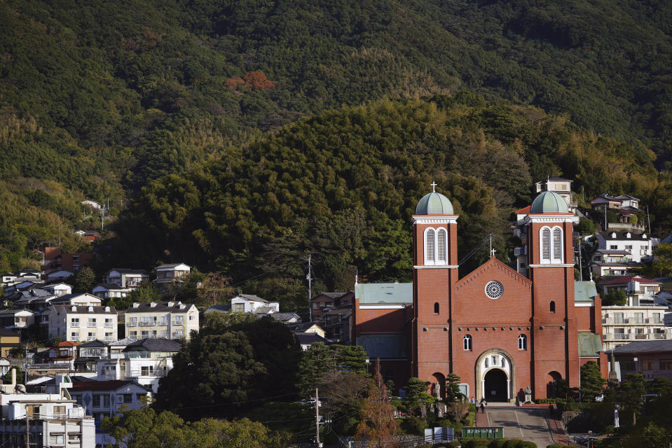 In this Nov. 16, 2019, photo, the Urakami Cathedral is seen in Nagasaki, southern Japan. Pope Francis will start his first official visit to Japan in Nagasaki, ground zero for the Christian experience in a nation where the Catholic leader once dreamed of living as a missionary. (AP Photo/Eugene Hoshiko)