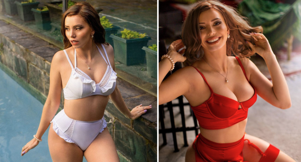 Estelle Lucas in a pool (left) and in lingerie (right). 