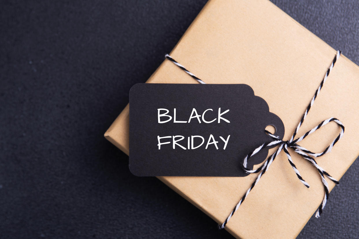 Package with Black Friday tag. 