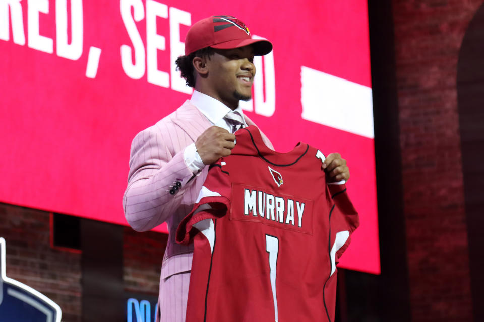 NASHVILLE, TN - APRIL 25:   The Arizona Cardinals select Oklahoma quarter back Kyler Murray with the first overall pick during the first round of the 2019 NFL Draft on April 25, 2019, at the Draft Main Stage on Lower Broadway in downtown Nashville, TN.  (Photo by Michael Wade/Icon Sportswire via Getty Images)