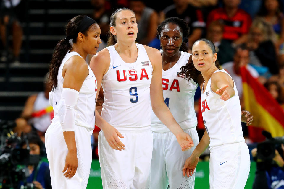 RIO DE JANEIRO, BRAZIL - AUGUST 20: Maya Moore #7, Breanna Stewart #9, Tina Charles #14 and Sue Bird #6 of United States talk on the court during the Women's Gold Medal Game between United States and Spain on Day 15 of the Rio 2016 Olympic Games at Carioca Arena 1 on August 20, 2016 in Rio de Janeiro, Brazil.  (Photo by Tom Pennington/Getty Images)