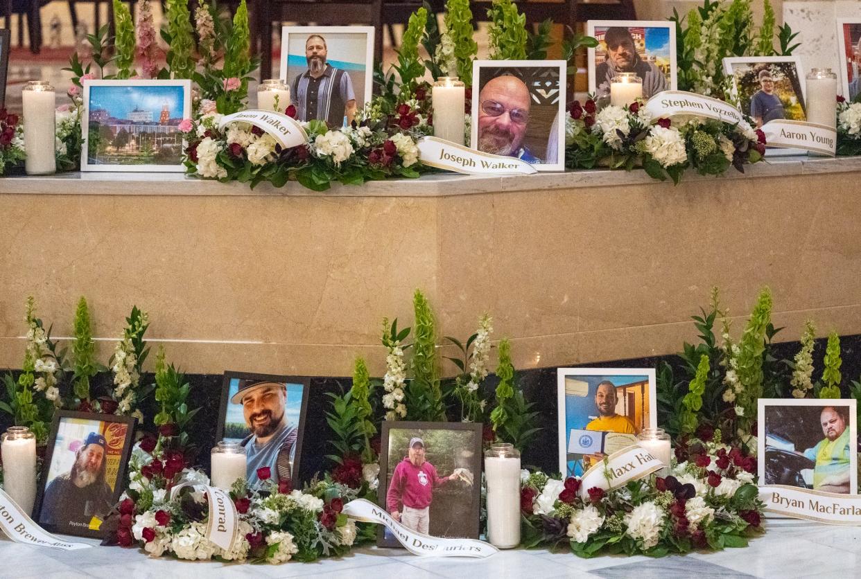 A memorial for the victims of the mass shootings during the OneLewiston Vigil at the Basilica of Saints Peter and Paul in Lewiston, Maine on Oct. 29, 2023.