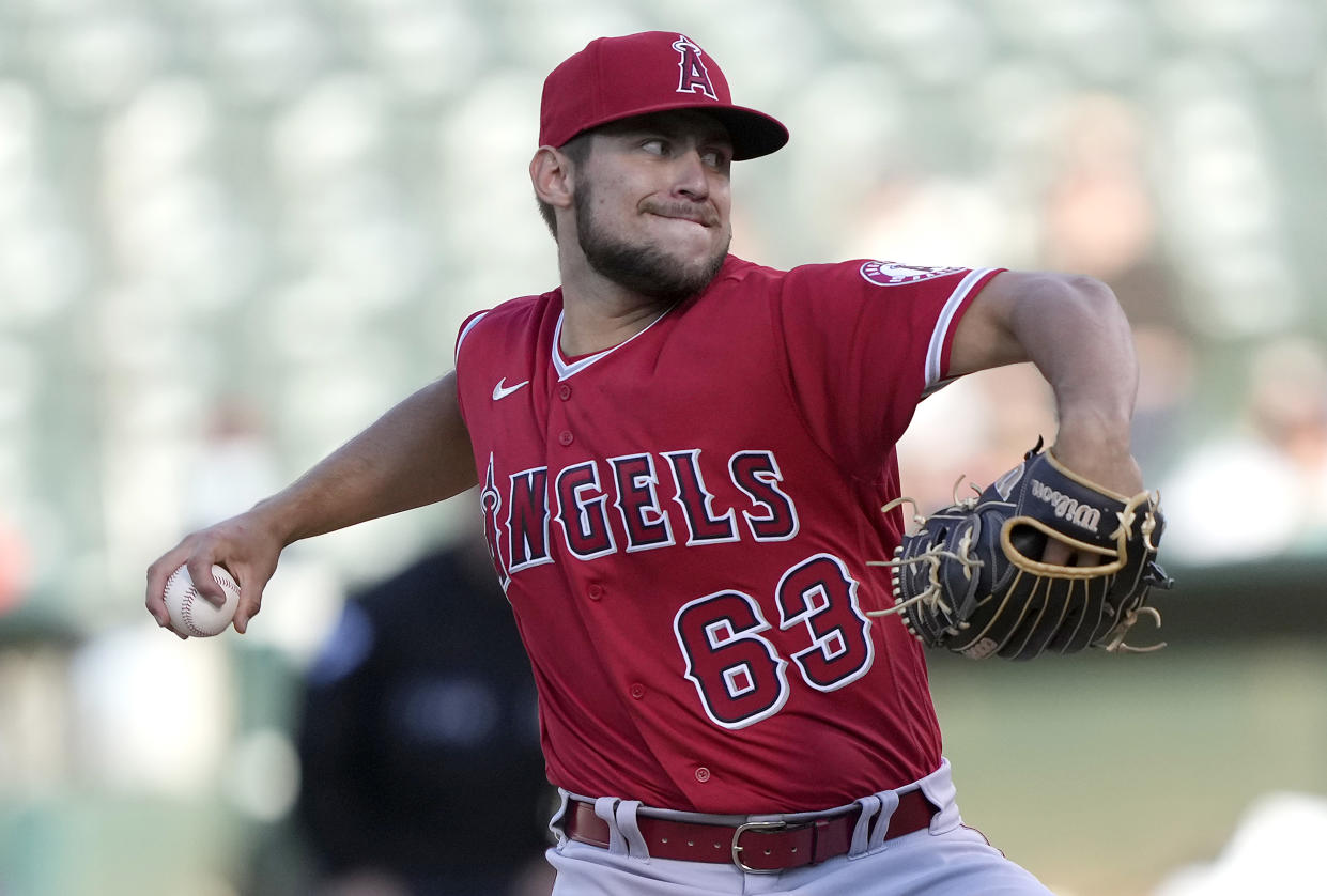 Chase Silseth of the Los Angeles Angels making his major league debut against the Athletics on May 13 at Oakland. (Photo by Thearon W. Henderson/Getty Images)