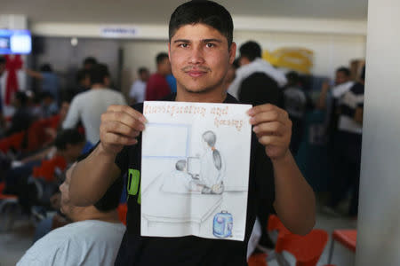 A deportee shows a draw kept among his belongings at an immigration facility after a flight carrying illegal immigrants from the U.S. arrived in San Salvador, El Salvador, January 11, 2018. Picture taken January 11, 2018. REUTERS/Jose Cabezas