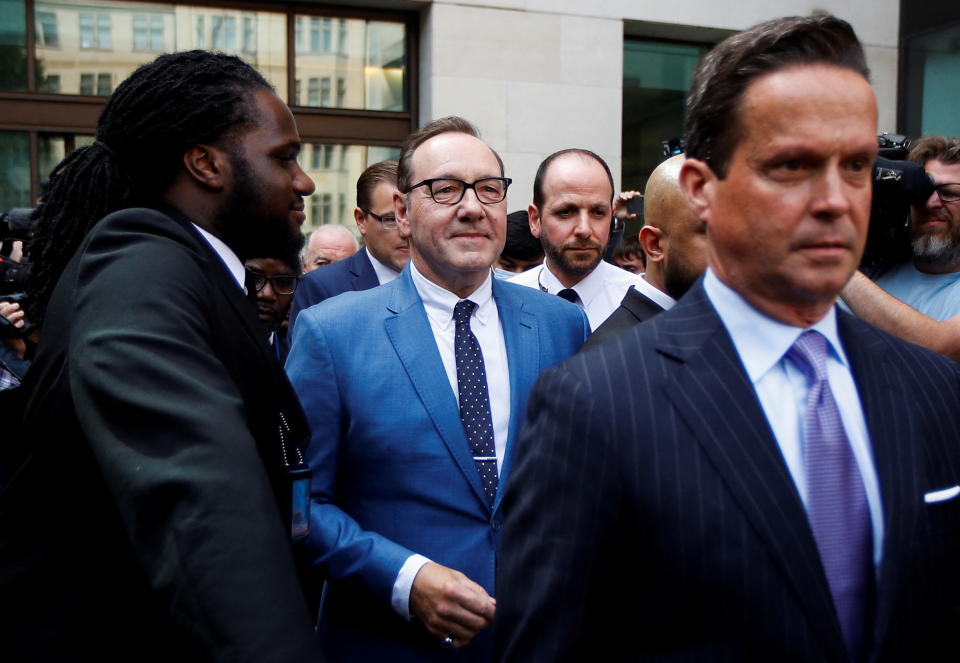 Kevin Spacey leaves court in the U.K. after attending a hearing over charges related to allegations of sexual assault. (