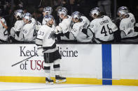 Los Angeles Kings right wing Viktor Arvidsson (33) is congratulated on his goal against the Ottawa Senators in the first period of an NHL hockey game Saturday, Nov. 27, 2021, in Los Angeles. (AP Photo/Kyusung Gong)