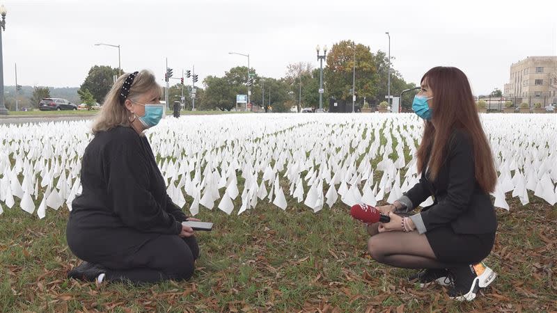 華府草地上插了16萬面小白旗，代表逝去的生命，讓人怵目驚心。（圖／翻攝自三立主播 黃倩萍臉書）