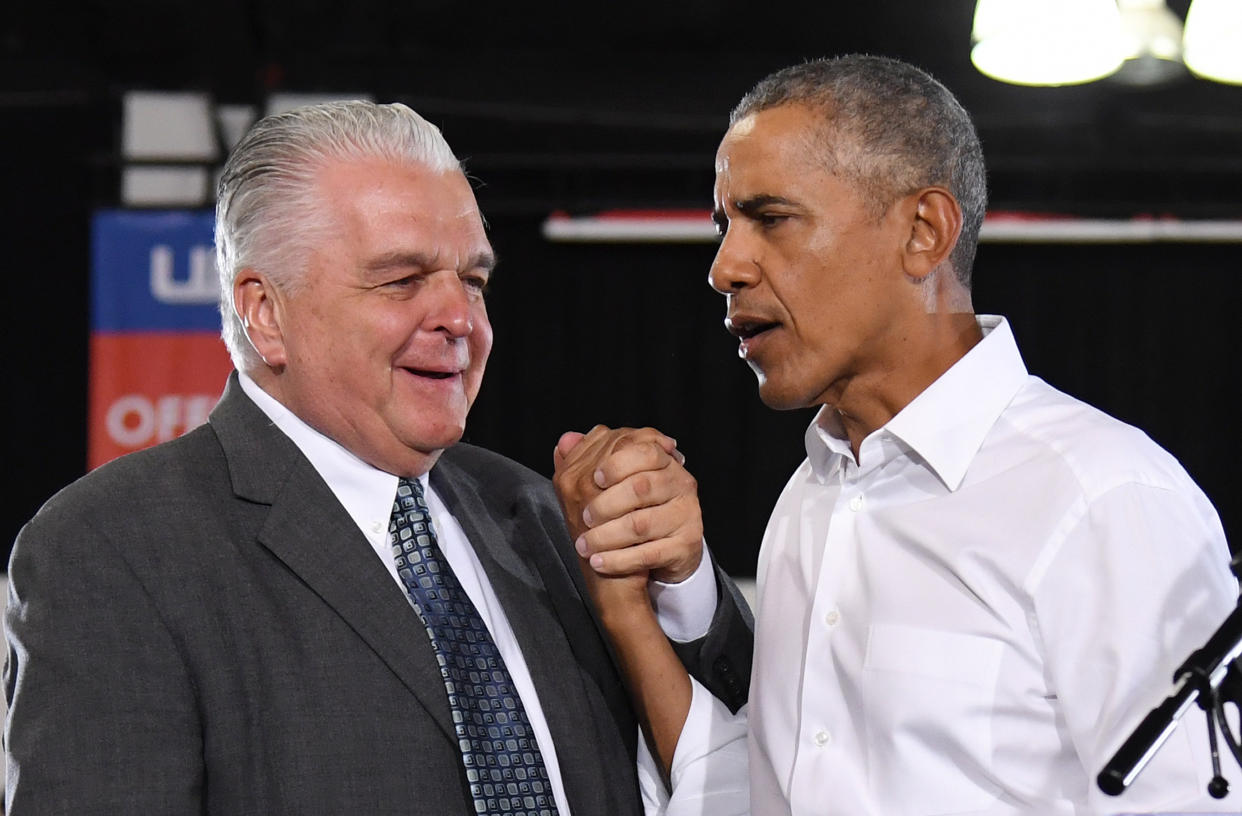 Nevada Democratic gubernatorial nominee Steve Sisolak, seen here at a recent rally with former President Barack Obama, is among the party's candidates offering a full embrace of legalized marijuana use. (Photo: Ethan Miller via Getty Images)