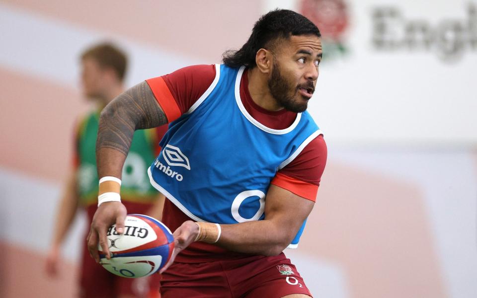 Manu Tuilagi takes part in an indoor training session at the Honda England Rugby Performance center at Pennyhill Park on March 4, 2024 in Bagshot, England.