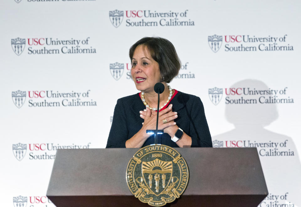 Carol Folt takes questions after being named as the University of Southern California's 12th president in Los Angeles Wednesday, March 20, 2019. The announcement comes a week after news broke of a massive college bribery scandal involving USC and other universities across the country. She will take office as USC's new president on July 1. (AP Photo/Damian Dovarganes)