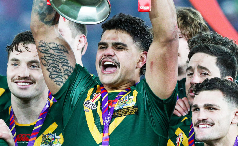 Latrell Mitchell helped Australia win the Rugby League World Cup in 2022. (Photo by Alex Dodd - CameraSport via Getty Images)