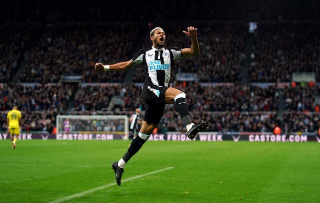 Joelinton celebrates scoring Newcastle's second in a 3-3 draw with Brentford