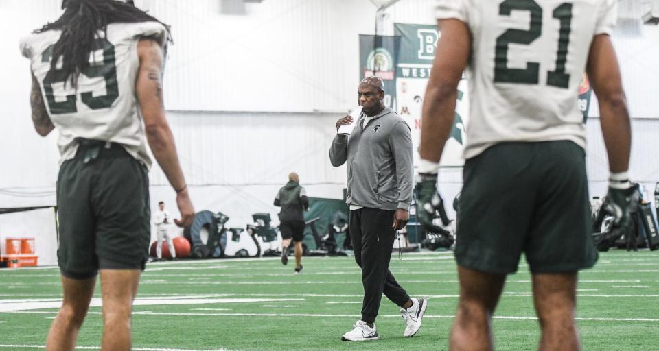 MSU football coach Mel Tucker leads drills Tuesday, March 14, 2023, during the first day of spring practice at the indoor football facilty in East Lansing.