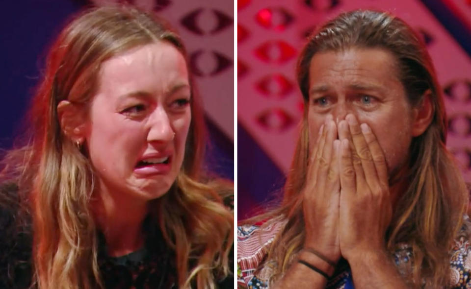 On the left, Big Brother Estelle crying, on the right Dave puts his hands over his mouth in shock. 