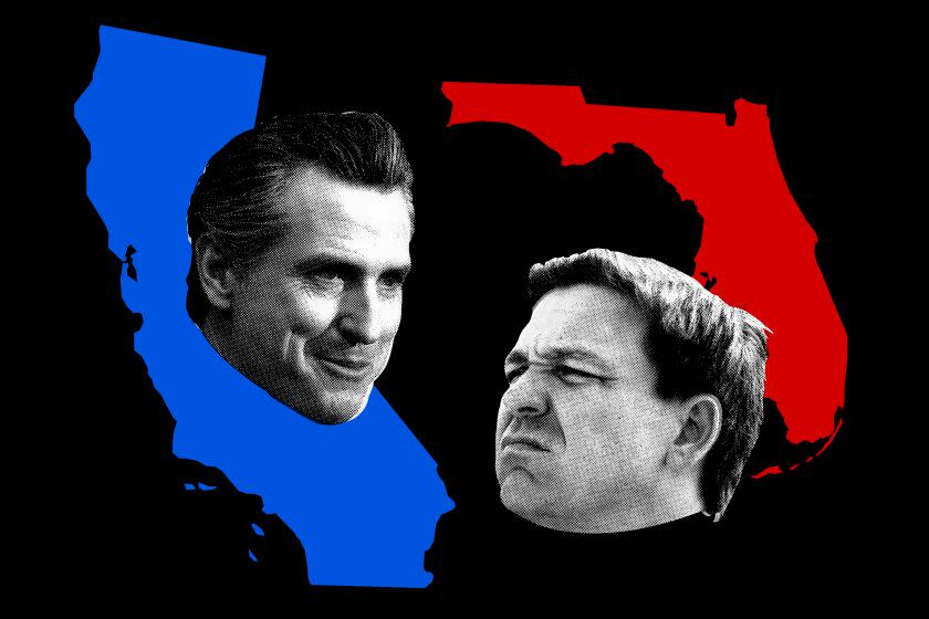 photo illustration of Gavin Newsom and Ron DeSantis, with blue and red California and Florida shapes